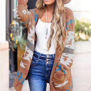 Brown Moraga Pocketed Aztec Cardigan